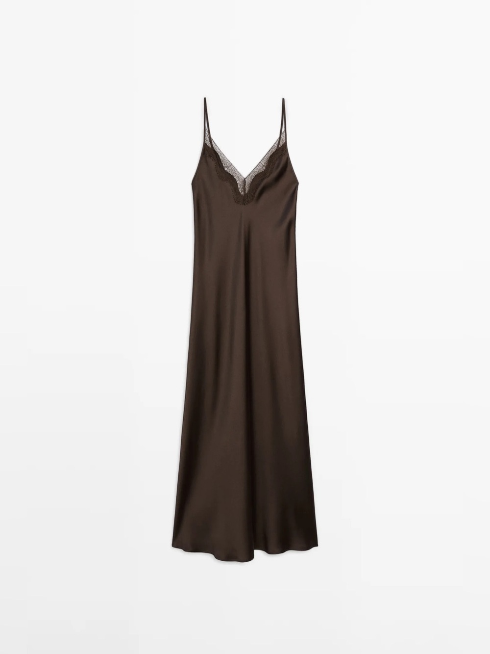 Massimo Dutti Satin Lace-Trim Slip Dress in Dark Brown - Picture 6 of 9